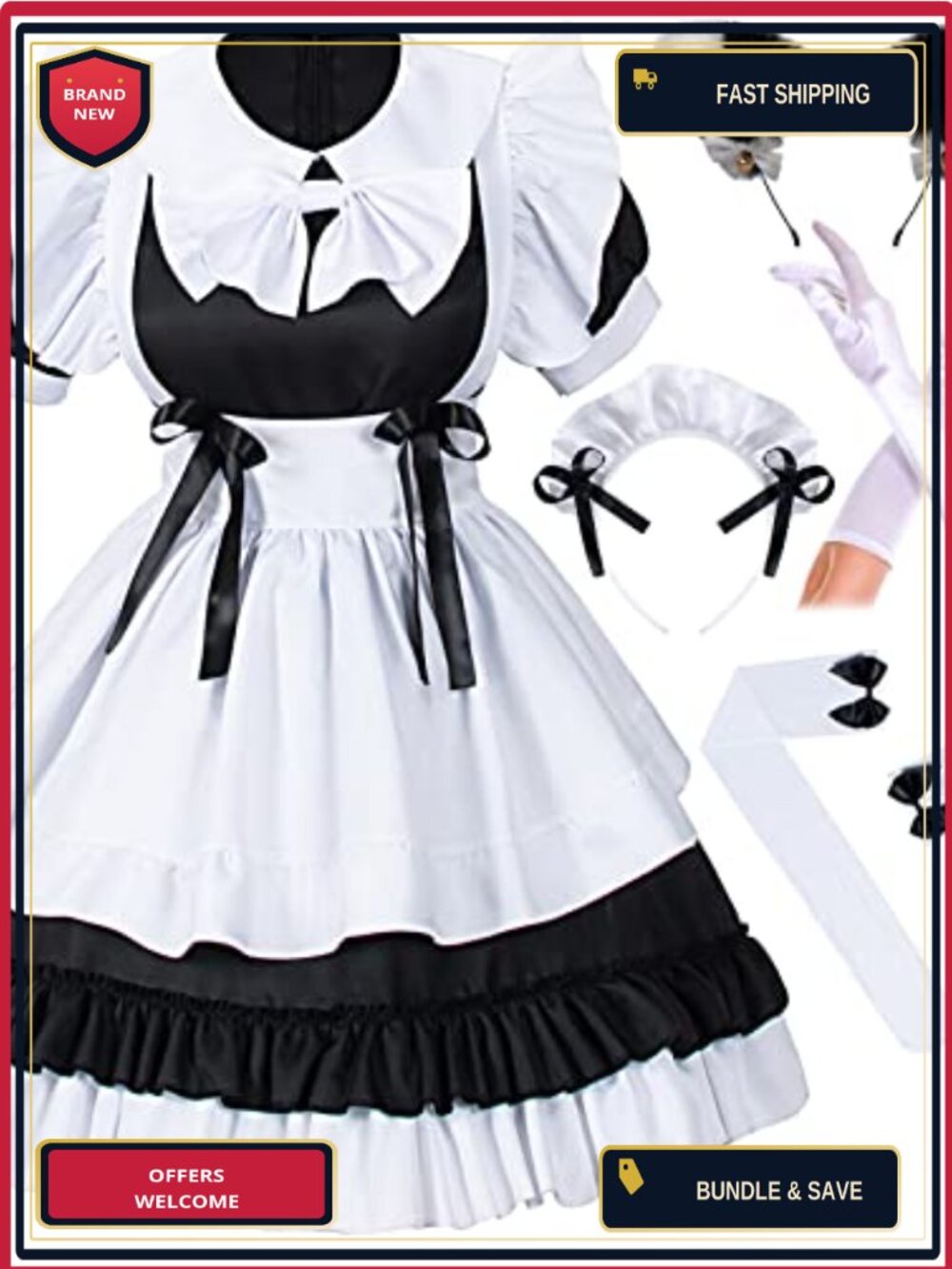 Sweet Kawaii Anime French Maid Cosplay Costume Set Furry Cat Ear Gloves Socks